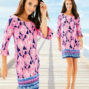 NWT Lilly Pulitzer UPF 50+ Sophie Ruffle Dress – High Tide Navy Via Amor, XS